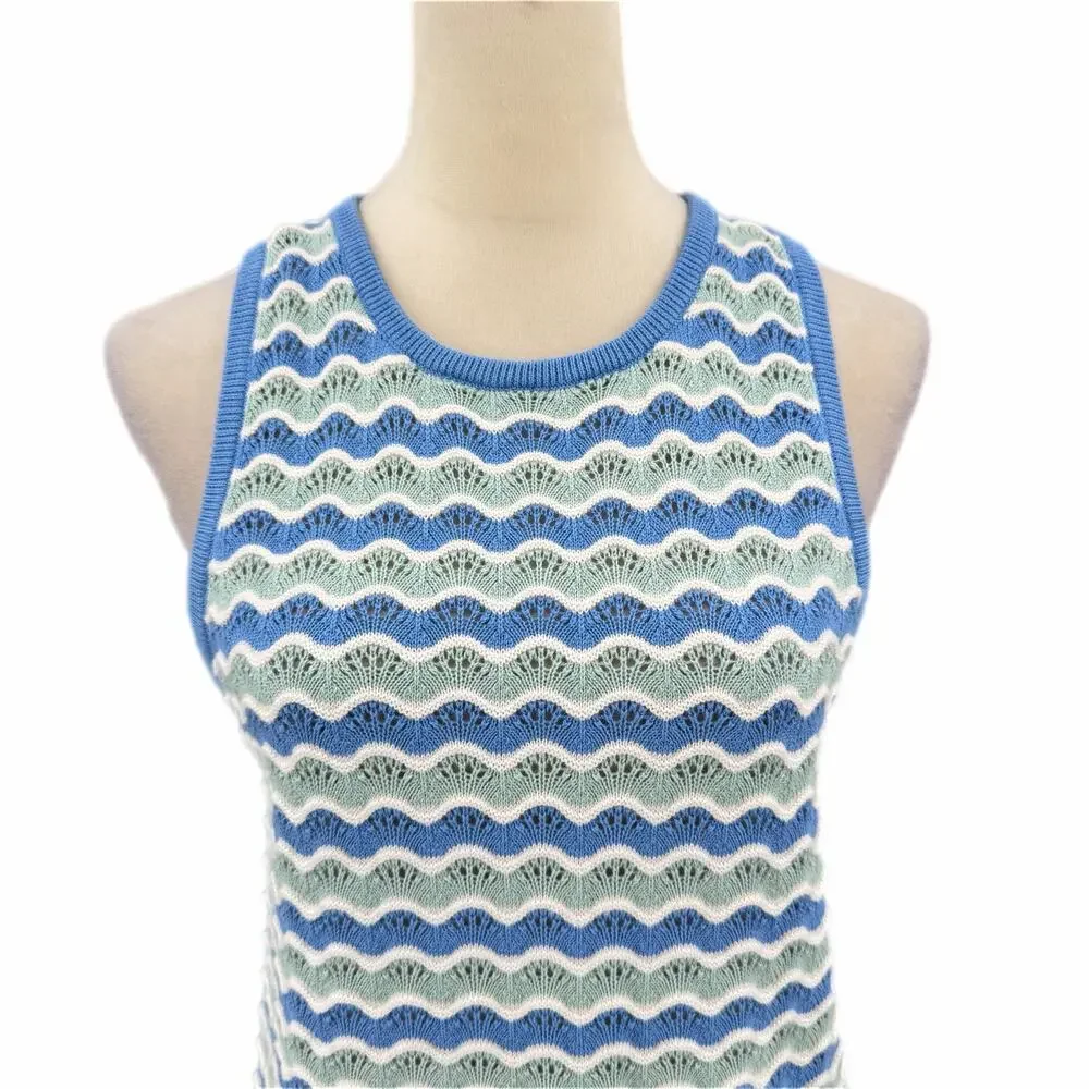 Marine Layer Blue White 100% Cotton Scalloped Wavy Knit Sleeveless Sweater Tank